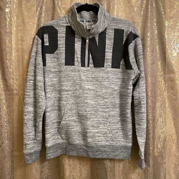 PINK Victoria’s Secret gray black logo 1/4 zip pullover XS GUC - Picture 1 of 4